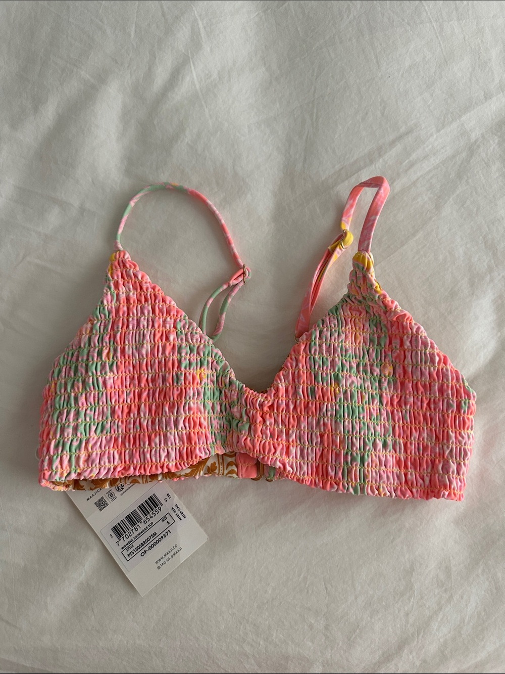 Maaji Pink Multi-Color Smocked Bikini Top